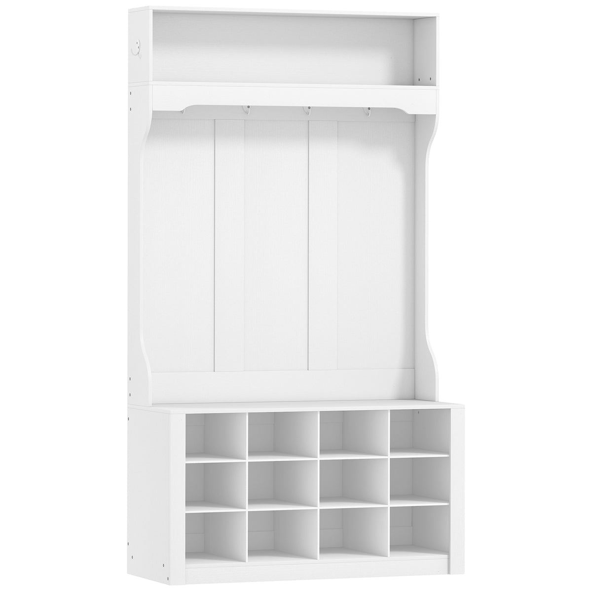 Porte-Manteau 4-en-1 avec Banc, Banc d'Entrée avec 12 Compartiments à Chaussures, 6 Crochets et Étagère Ouverte, Blanc-0
