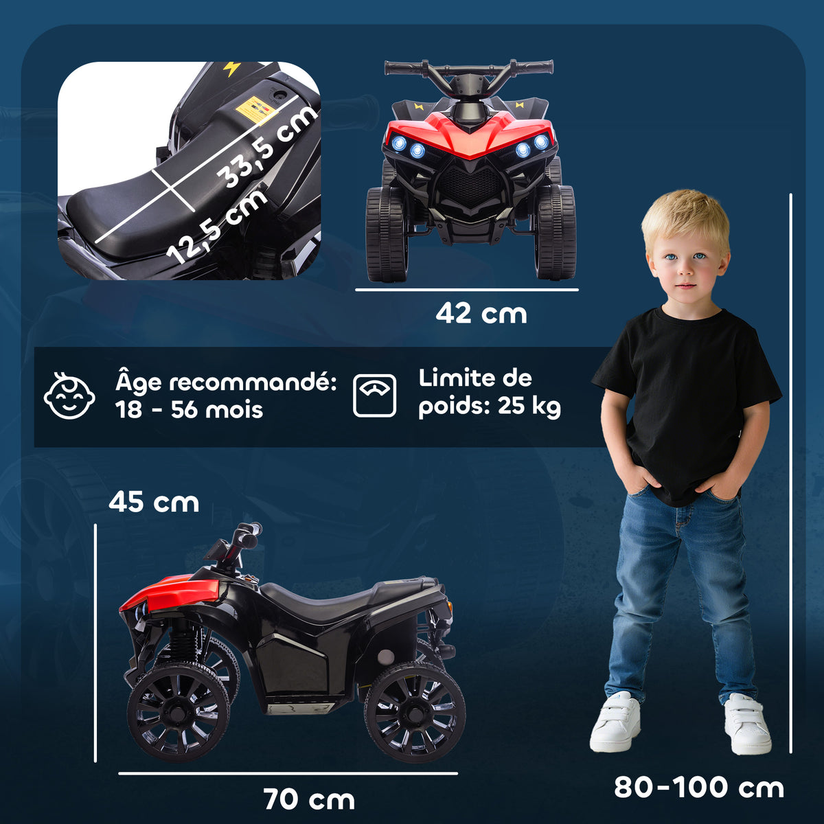 Quad électrique enfant 6V, voiture électrique enfants ATV, musique et phares LED, pour 18-56 mois, 70x42x45cm, rouge-2