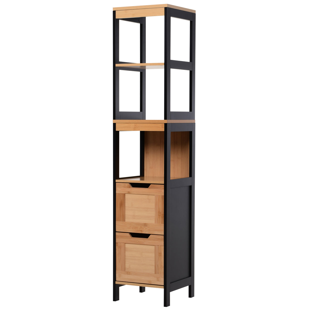Meuble Colonne Rangement Salle de Bain Style Cosy dim. 30L x 30l x 144H cm 3 étagères 2 tiroirs Bambou Noir-0