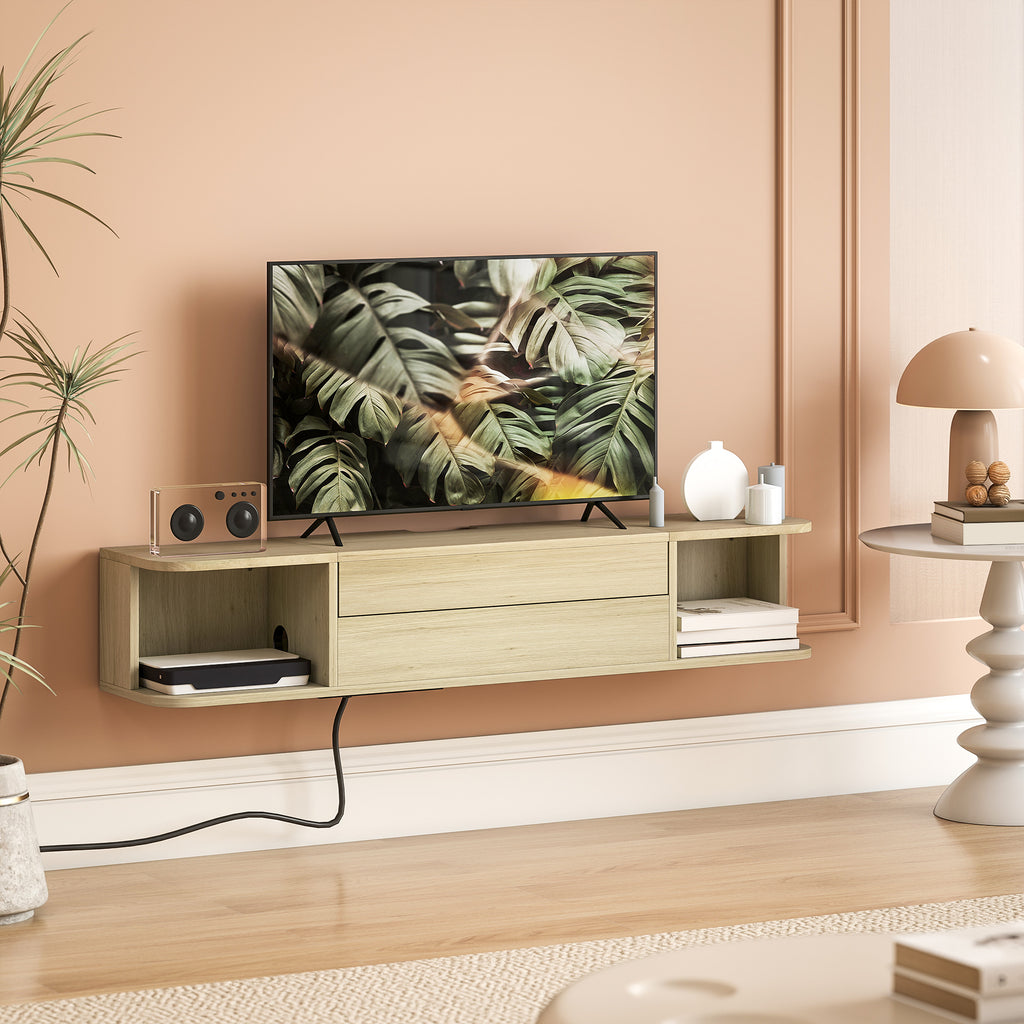 Meuble TV suspendu meuble télé pour téléviseur 50 pouces tiroir étagères passe-câbles 120x24x22,4cm effet bois naturel-9