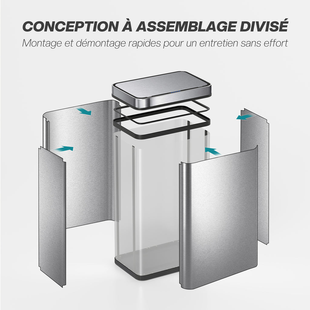 Poubelle à capteur 60 L avec couvercle à fermeture douce, poubelle de cuisine automatique en acier inoxydable, argenté-8