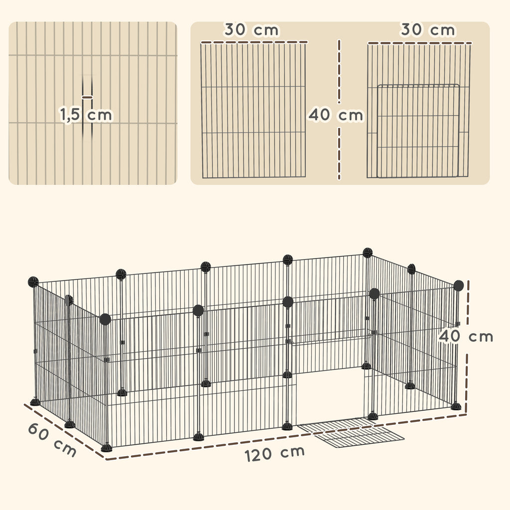 Enclos pour petits animaux, cage à lapin modulable 12 panneaux avec tapis étanche, en acier, 120 x 60 x 40 cm, noir-2