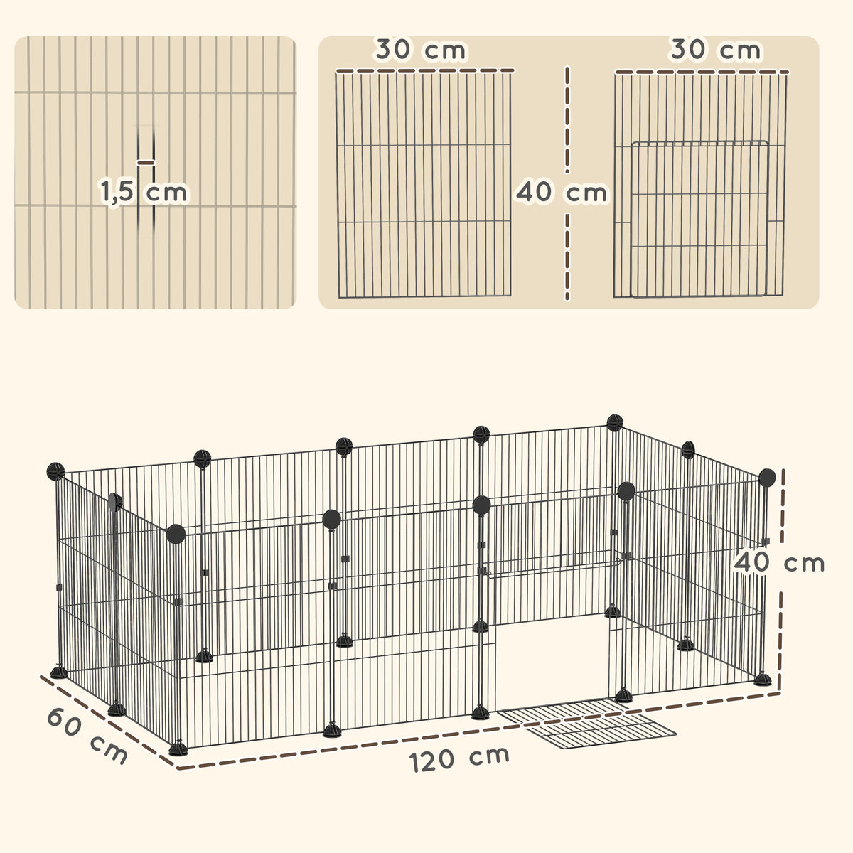 Enclos pour petits animaux, cage à lapin modulable 12 panneaux avec tapis étanche, en acier, 120 x 60 x 40 cm, noir-2
