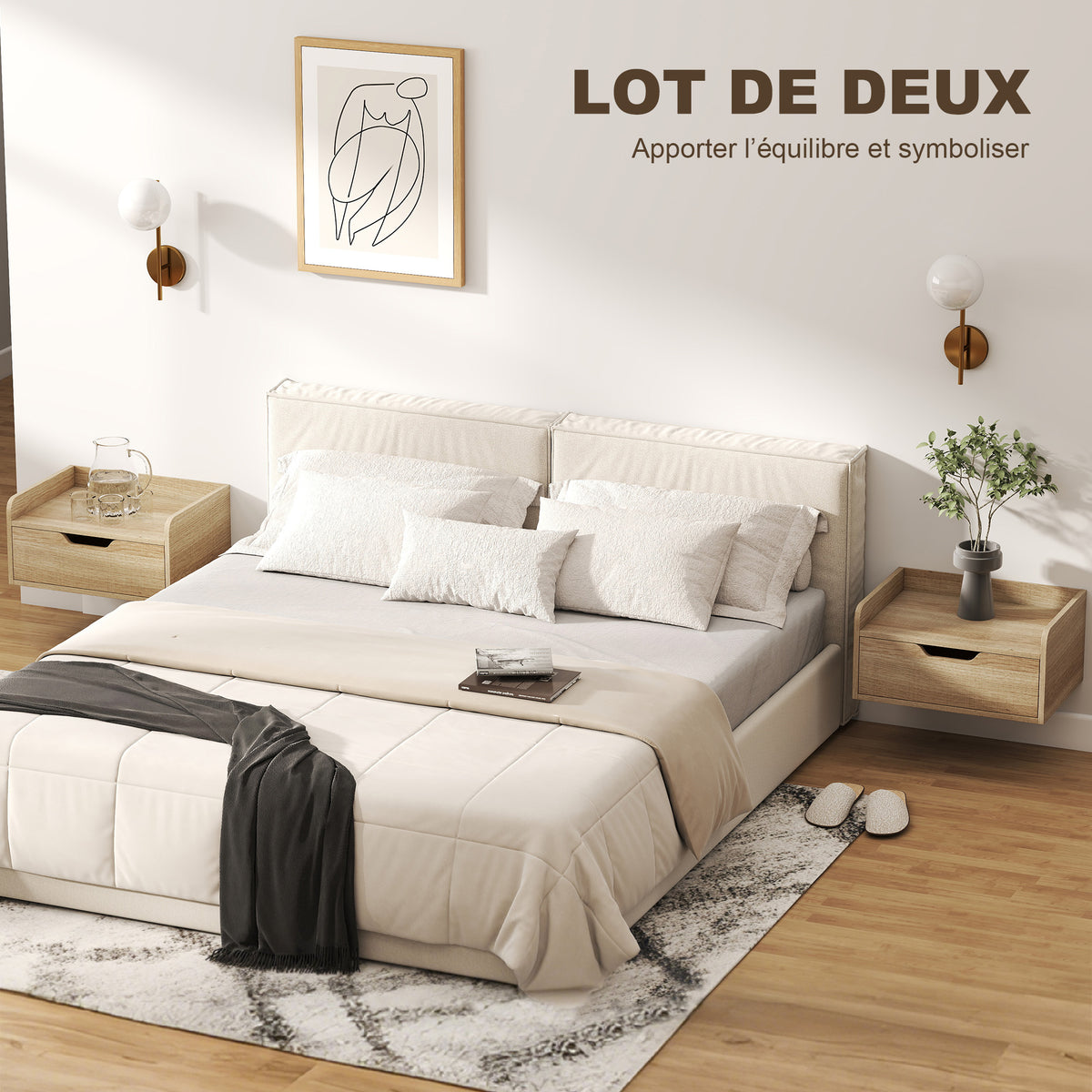 Lot de 2 tables de chevet murales, tables de nuit avec tiroir et plateau à rebords surélevés, 40x30x19,5cm, bois naturel-3