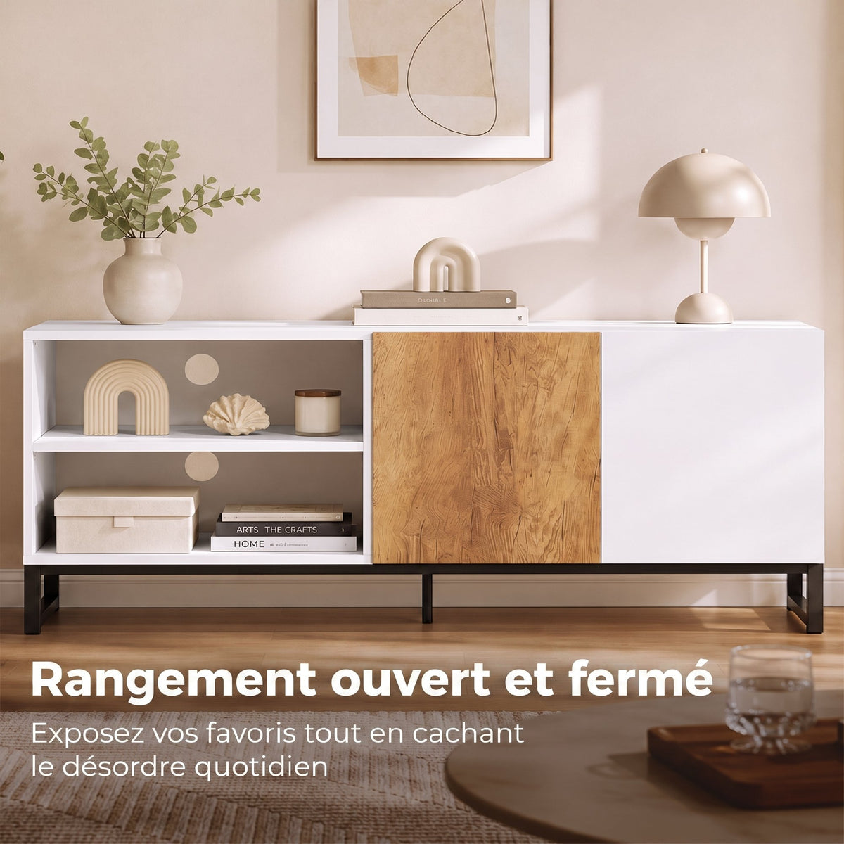 Meuble TV 140 cm, Meuble Télé pour Téléviseur jusqu'à 55 Pouces, 2 Portes à Fermeture Douce et Étagères Réglables, Blanc-3