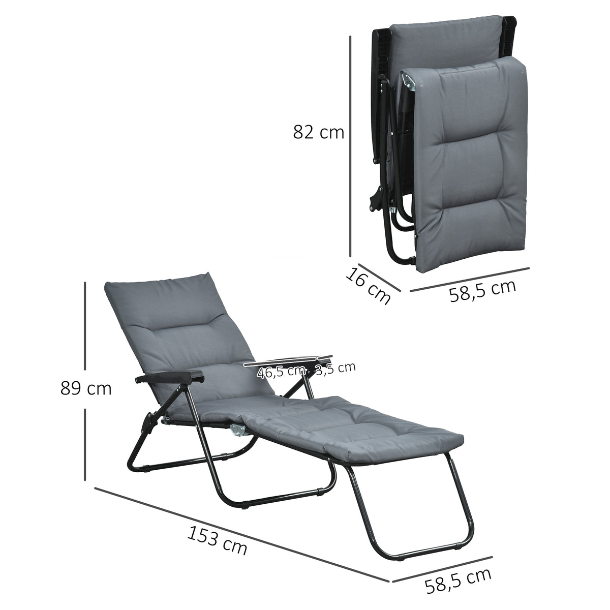 Bain de soleil pliable transat inclinable 6 positions avec matelas + accoudoirs acier polyester gris-2