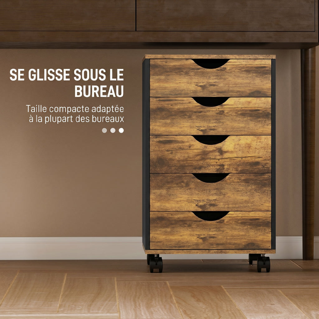 Caisson bureau mobile, meuble rangement sur roulettes avec 5 tiroirs, bois, 40 x 40 x 67 cm, marron-5