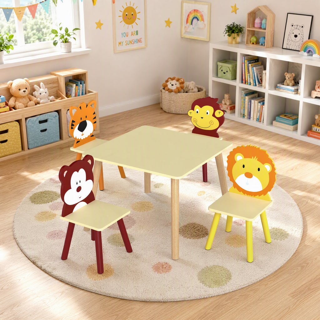 Ensembl Table pour Enfant avec 4 Chaises 5 Pièces en Bois, Dossier en Forme Animale, Coins Arrondis, 3-8 Ans, Jaune-1
