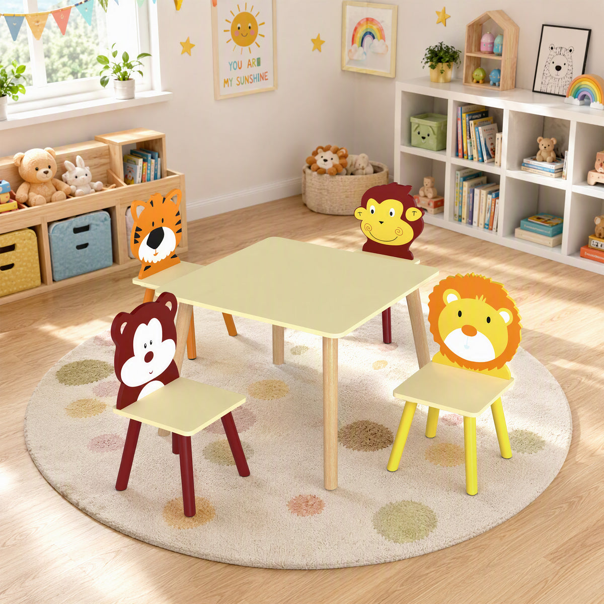 Ensembl Table pour Enfant avec 4 Chaises 5 Pièces en Bois, Dossier en Forme Animale, Coins Arrondis, 3-8 Ans, Jaune-1