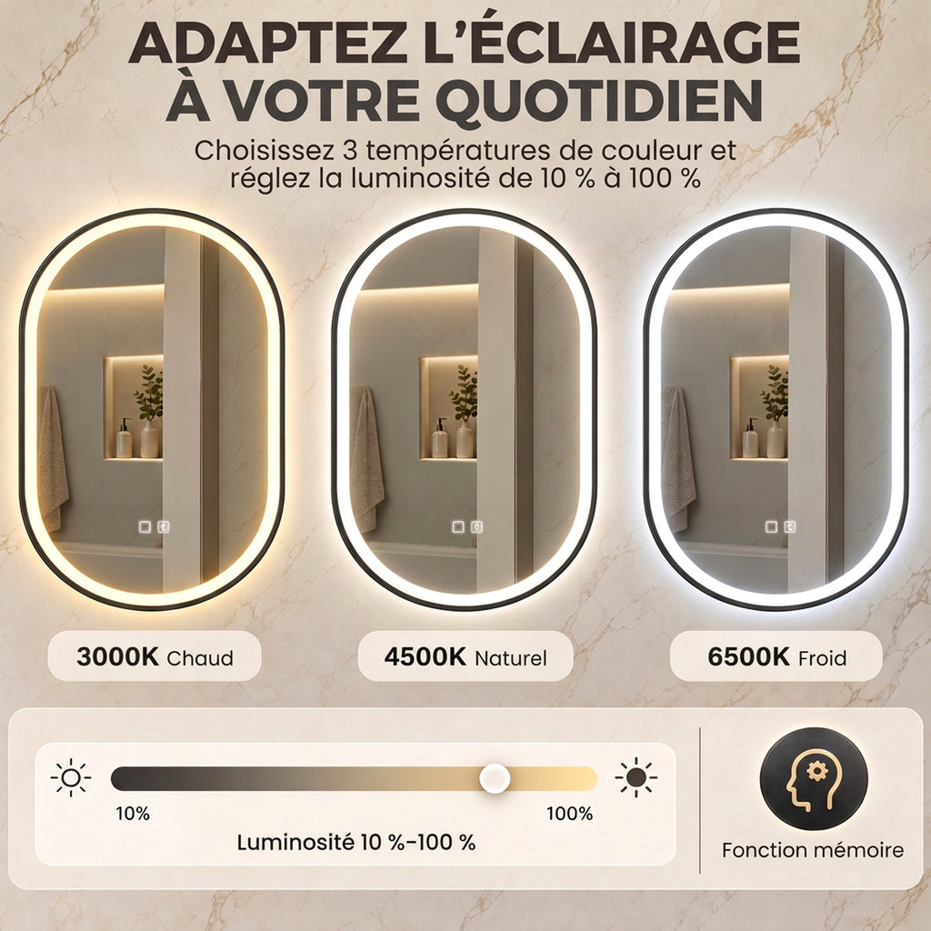 Miroir Salle de Bain Bluetooth avec Éclairage LED 100x70cm Dimmable 3 Couleurs, Interrupteur Tactile, Anti-Buée, Noir-4