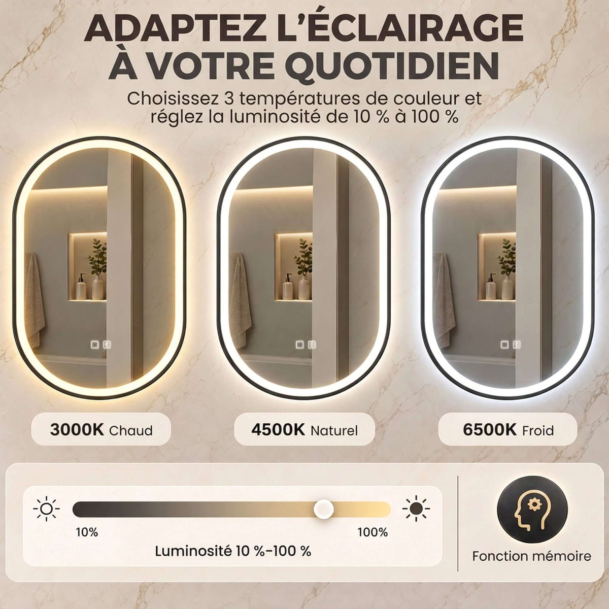 Miroir Salle de Bain Bluetooth avec Éclairage LED 100x70cm Dimmable 3 Couleurs, Interrupteur Tactile, Anti-Buée, Noir-4