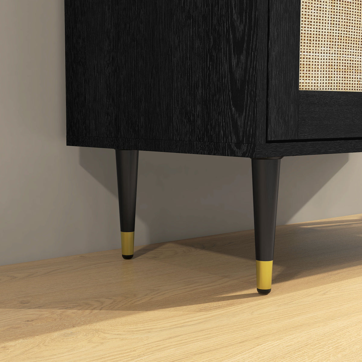 Buffet de cuisine meuble de rangement design bohème double portes avec 2 niveaux, façade en rotin 80 x 38 x 79 cm noir-8