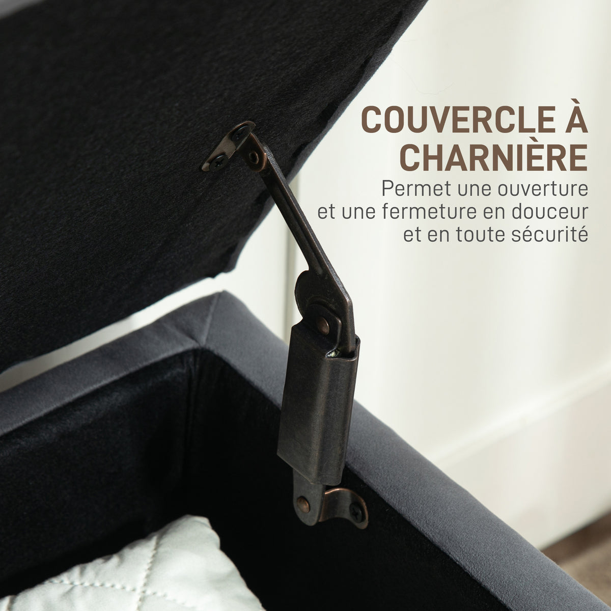 Banc coffre de rangement 2 en 1 banquette en velours avec couvercle à charnière capitonné et pieds en bois, gris foncé-4