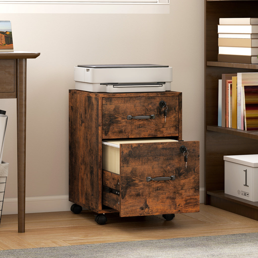 Caisson bureau mobile à 2 tiroirs, meuble rangement bureau sur roulettes pour documents suspendus format lettre, marron-1