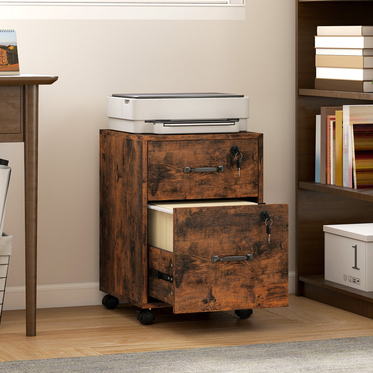 Caisson bureau mobile à 2 tiroirs, meuble rangement bureau sur roulettes pour documents suspendus format lettre, marron-1