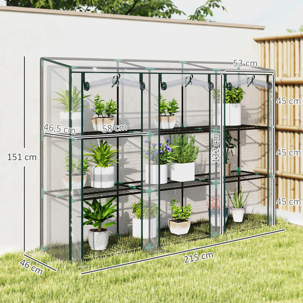 Serre de jardin avec étagères à 3 niveaux serre de balcon 3 portes enroulables zippées 215 x 46 x 151 cm transparent-2