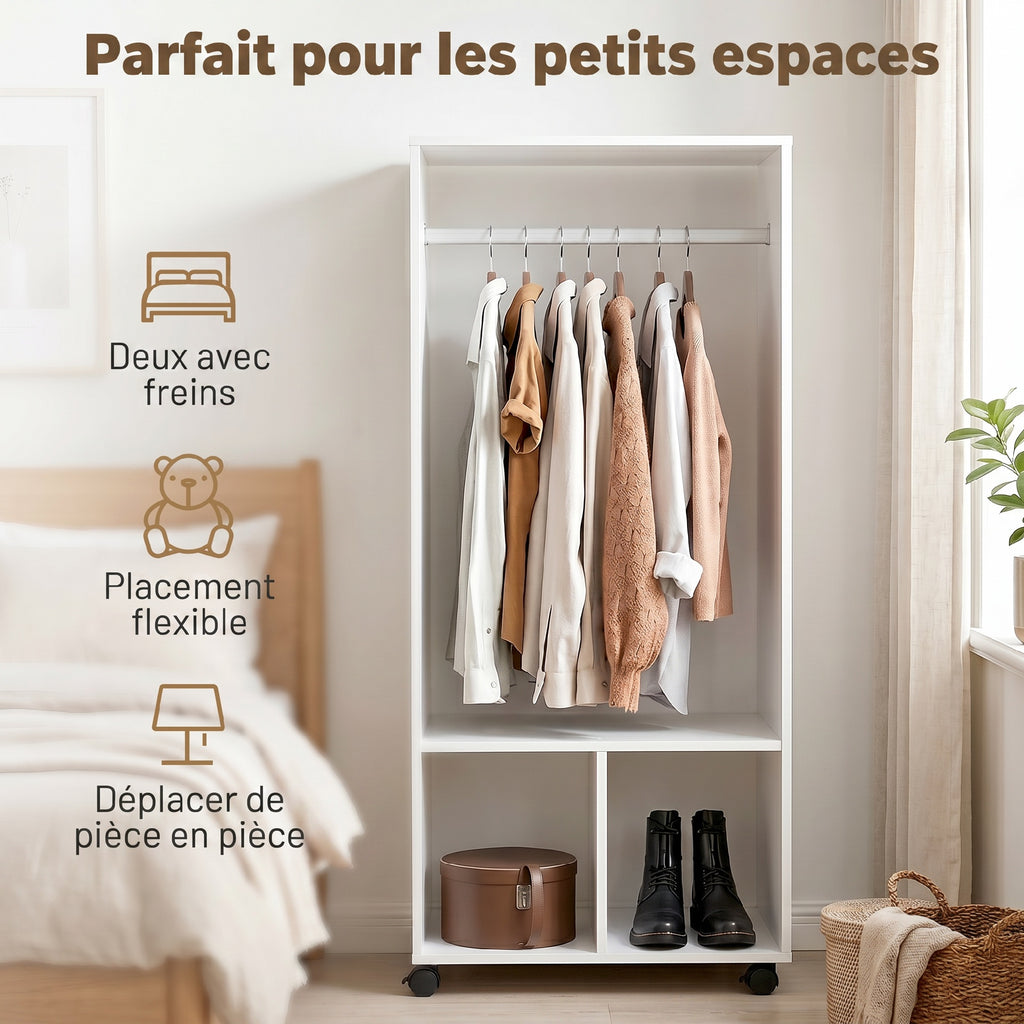 Armoire penderie étagère 2 niches 4 roulettes pivotantes dim. 60L x 40l x 128H cm Blanc-5