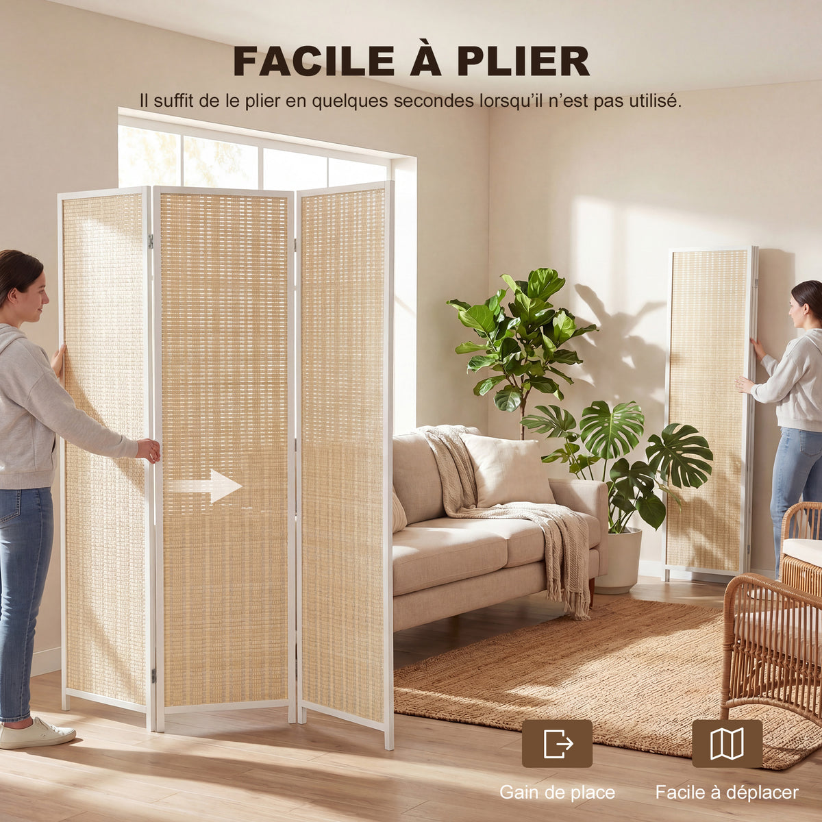 Paravent en bois séparateur de pièce closion de séparation pliable 3 panneaux 135 x 180 cm blanc-5