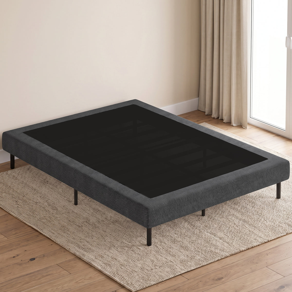 Sommier Tapissier 140x190 cm, Cadre de Lit avec Revêtement en Chenille, 10 Lattes Bois, 9 Pieds Stables, Gris-1