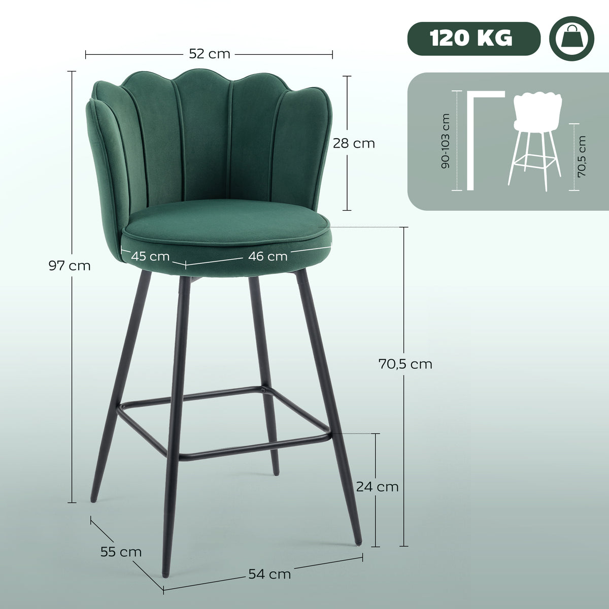 Lot de 2 tabourets de bar, chaises de bar avec dossier et repose-pieds, pieds en acier, 54 x 55 x 97 cm, vert foncé-2