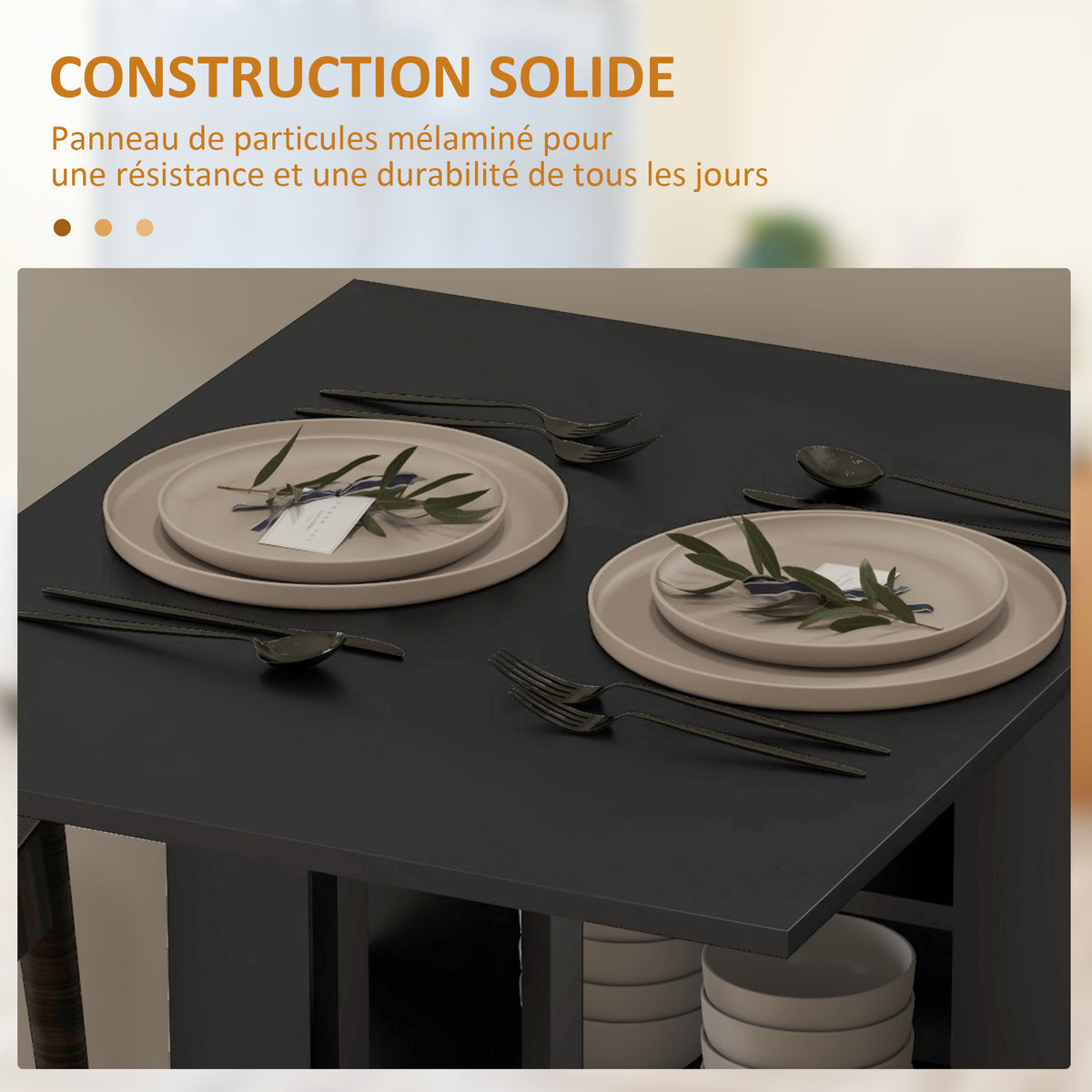 Table à Manger Pliante sur Roulettes, Table de Cuisine pour 2 à 4 Personnes avec Étagères de Rangement, Noir-6