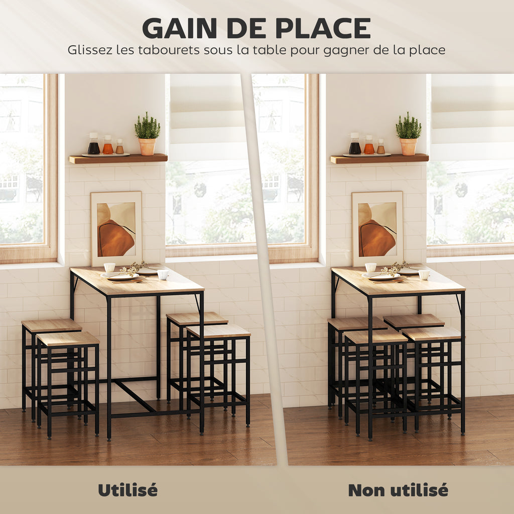 Ensemble Table de Bar Industriel + 4 tabourets Repose-Pieds en Bois couleur Chêne Clair Cadre en métal Noir-3