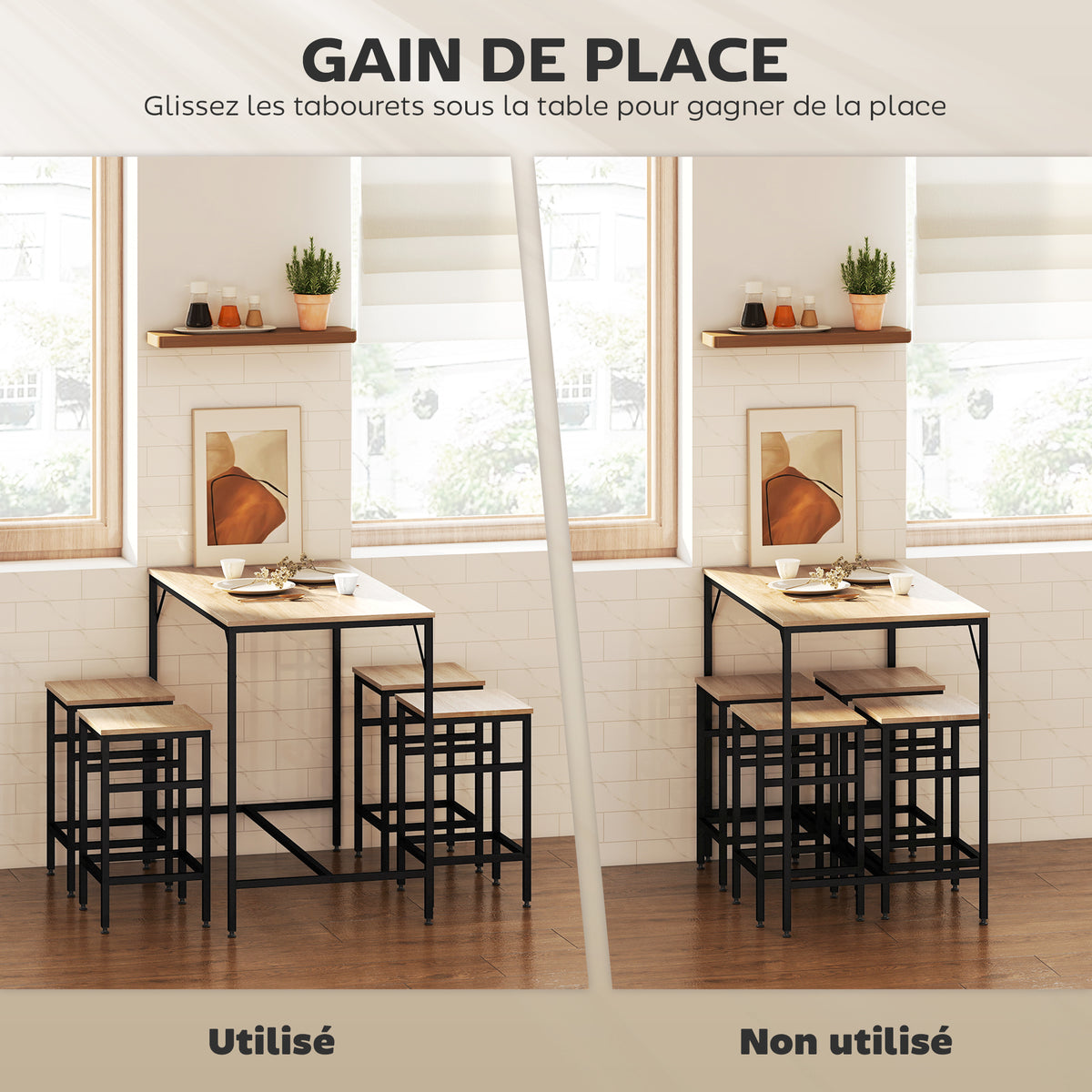Ensemble Table de Bar Industriel + 4 tabourets Repose-Pieds en Bois couleur Chêne Clair Cadre en métal Noir-3