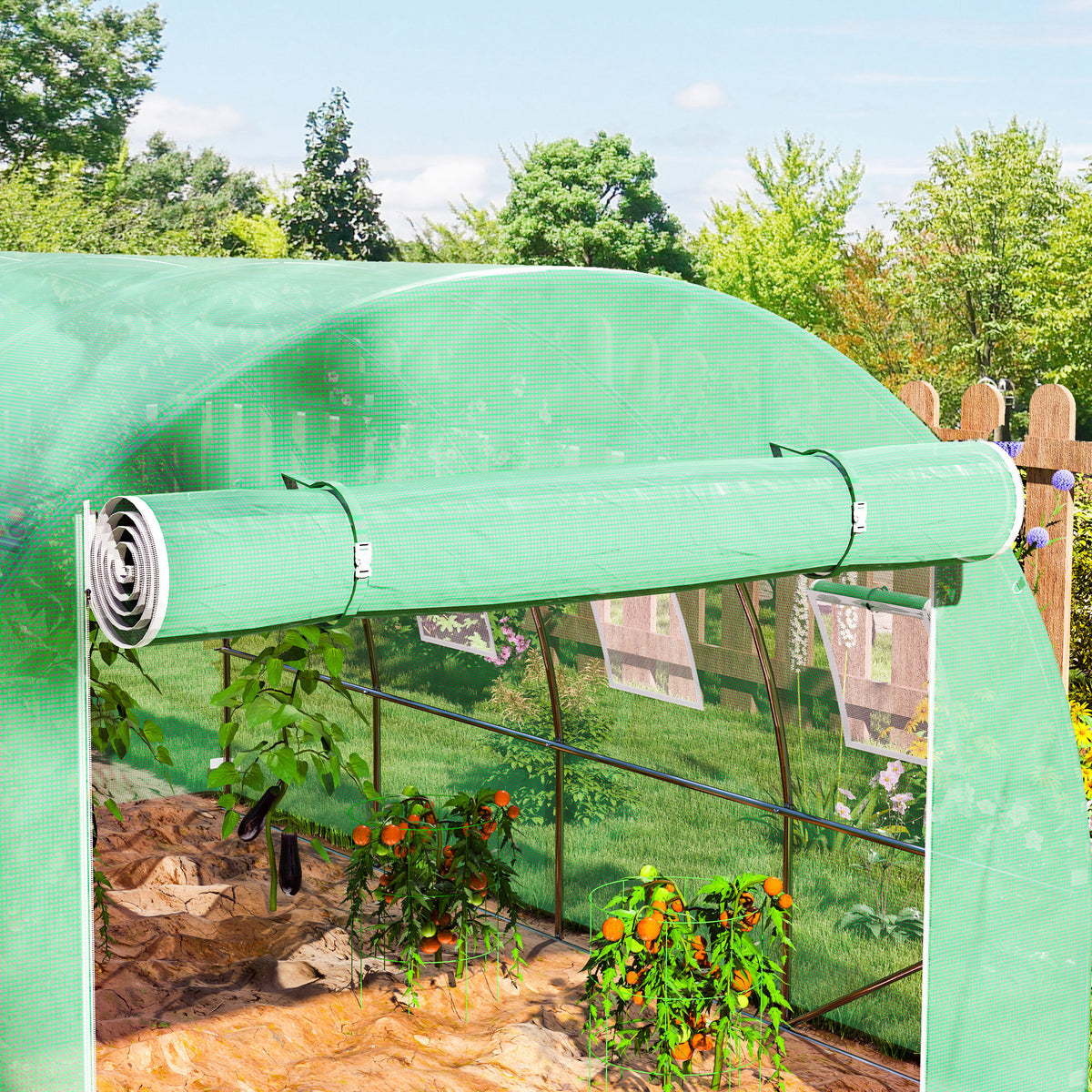Bâche de rechange serre tunnel 12 m² 4 x 3 x 2 m PE anti-UV imperméable 8 fenêtres + porte enroulable zippée vert-7