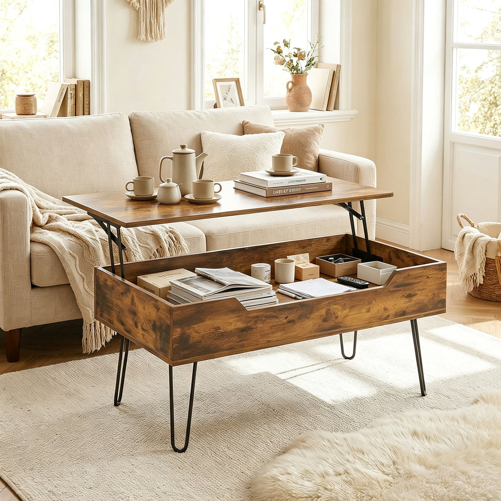 Table Basse Relevable en Bois avec Grand Rangement Caché, Hauteur Réglable, 95 x 50 x 40 cm, Marron Rustique-9