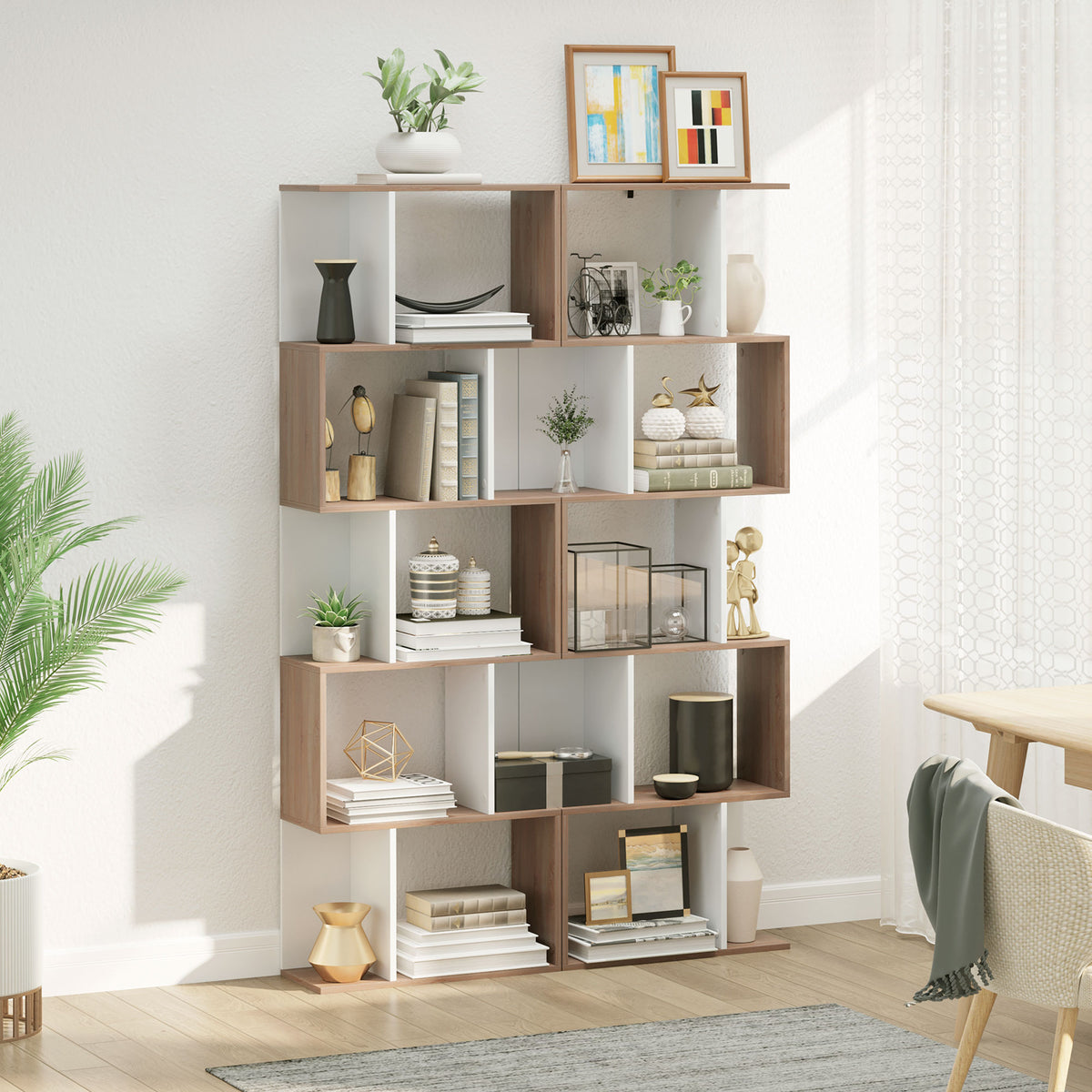Bibliothèque à 5 niveaux, meuble de rangement en forme de S avec étagères, étagère de rangement blanc-6