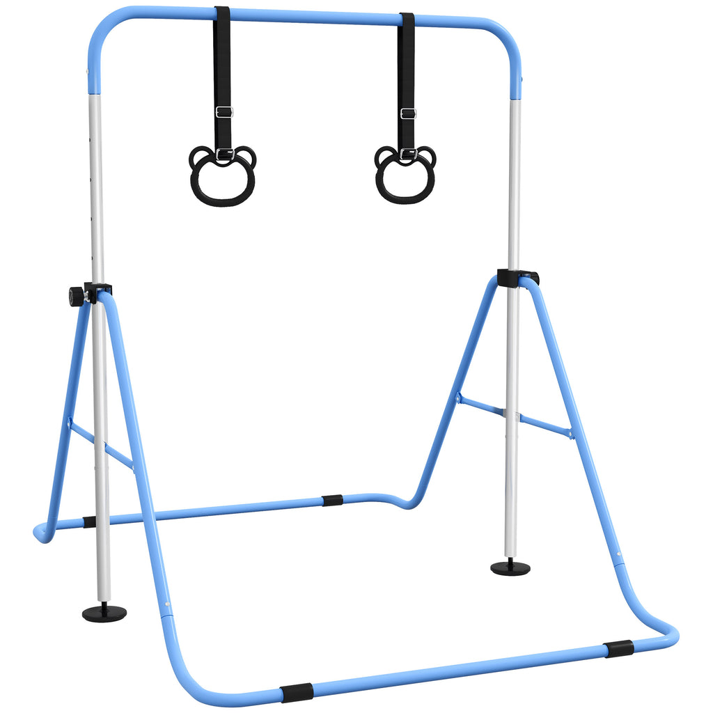 Barre de gymnastique pour enfants, barre horizontale pliable à hauteur réglable avec anneaux de gymnastique, bleu-0