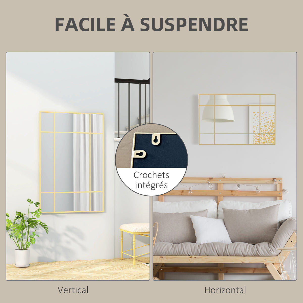 Miroir mural verrière rectangulaire style fenêtre, horizontal ou vertical avec 4 crochets, en métal doré - 90x60 cm-4