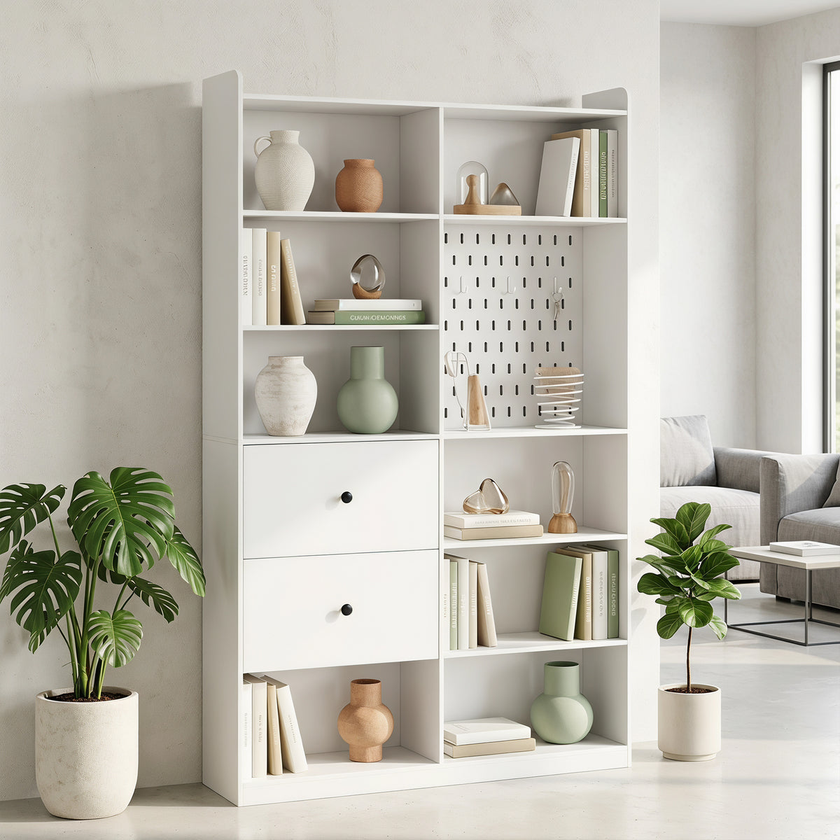 Bibliothèque, Étagère 6 Niveaux, 120 x 30 x 200 cm, Meuble de Rangement avec 2 Tiroirs et Panneau Perforé, Blanc-8