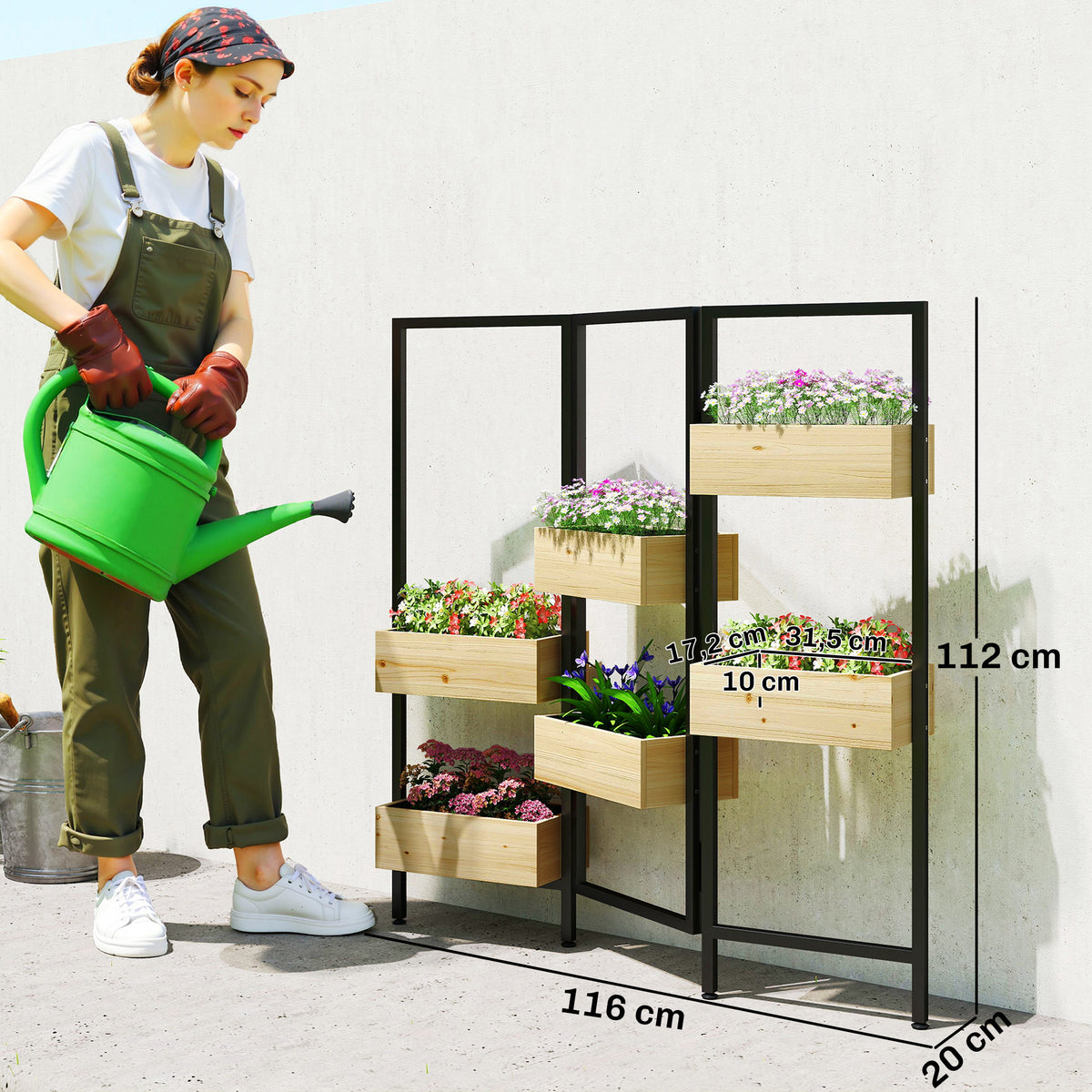 Séparateur de pièce avec 6 bacs, paravent extérieur pliable à 3 panneaux avec trou de drainage et doublure, bois naturel-2