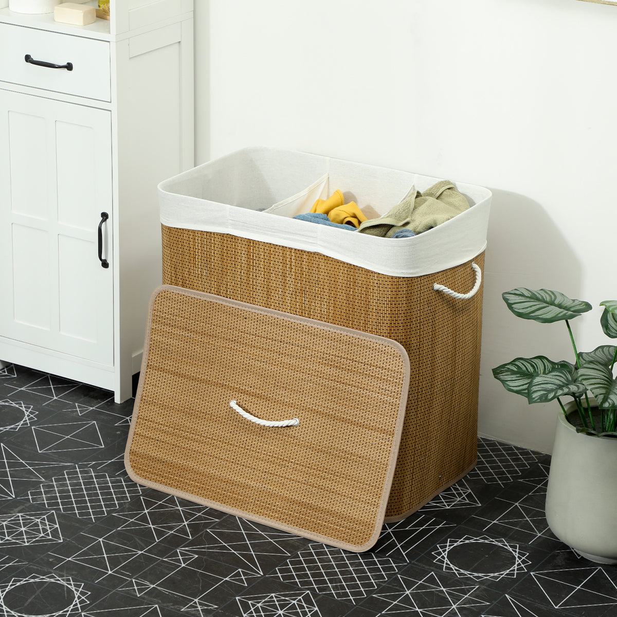Panier à linge à trois compartiments avec couvercle, panier à linge en bambou 144 L avec poignées en corde-8