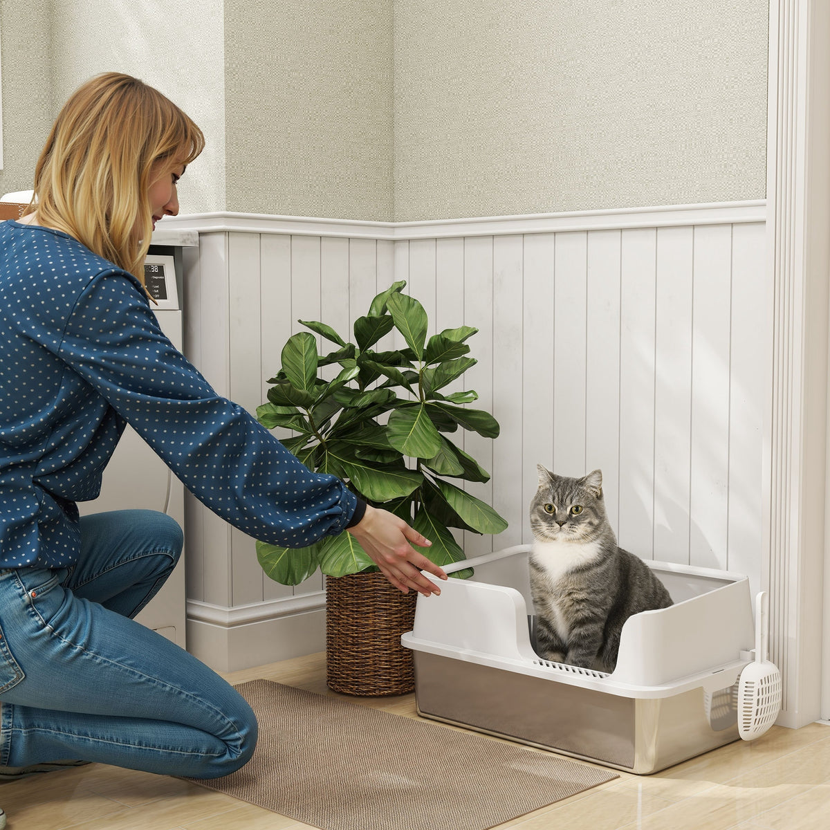 Litière pour chat, bac à litière en acier inoxydable avec côtés hauts pelle nettoyage facile 60 x 40 x 28 cm gris clair-9