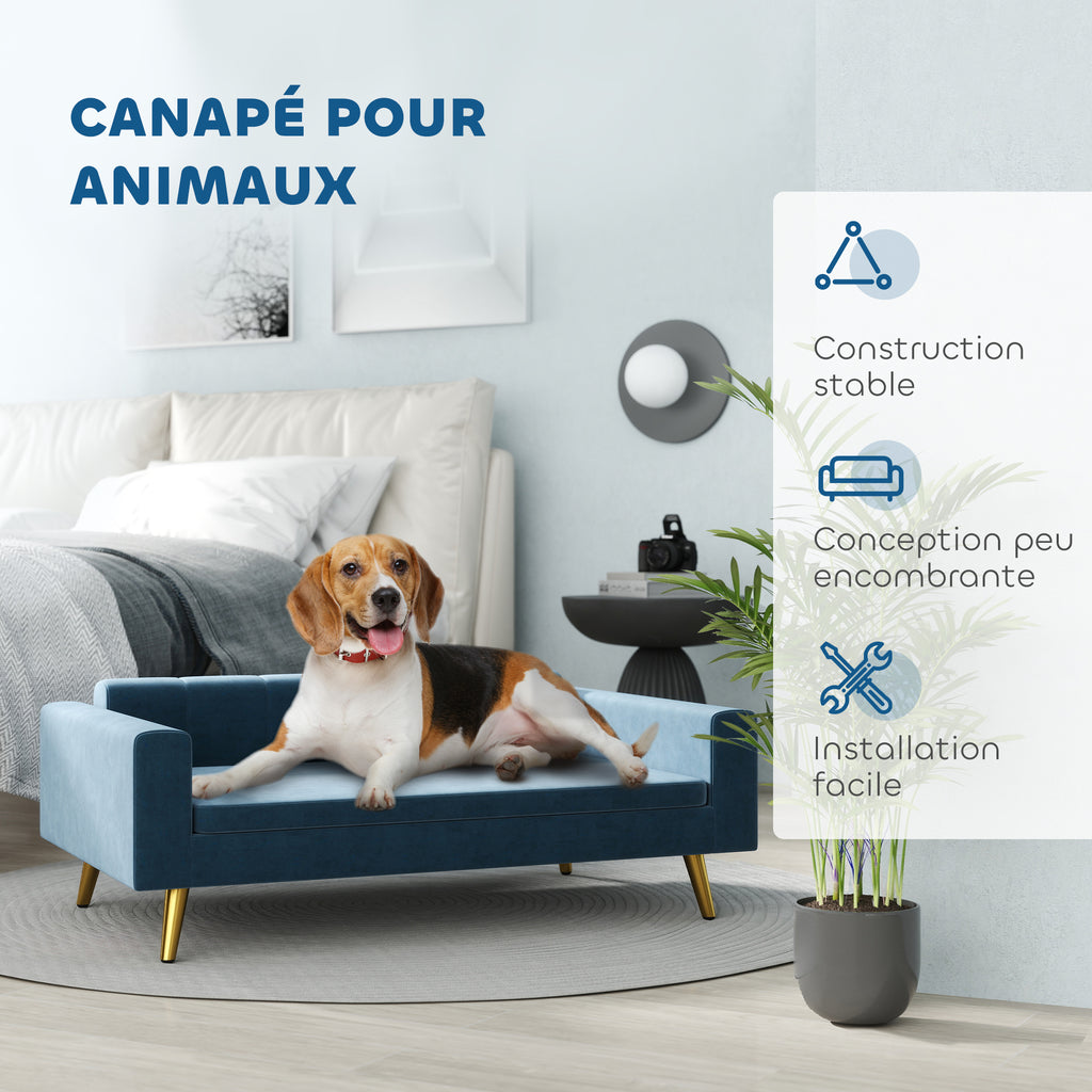 Canapé chien lit pour chien design scandinave coussin moelleux pieds métal doré 94 x 59,5 x 31,5 cm velours soyeux bleu-5