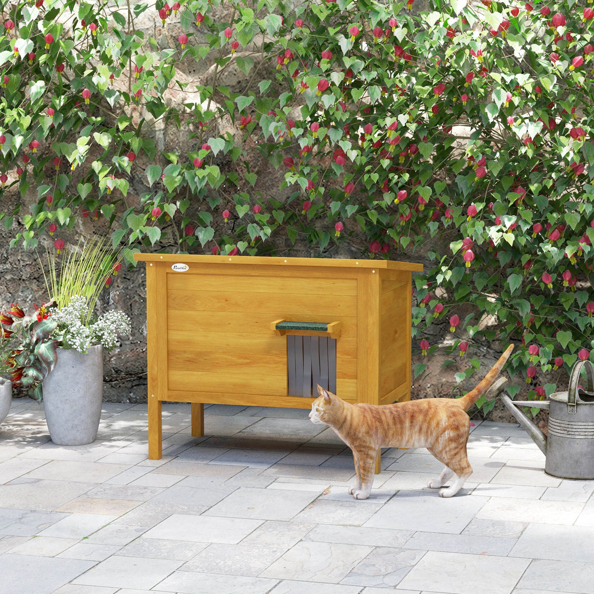 Maison pour chats niche d'extérieur en bois surrélevée avec toit ouvrable isolée  85 x 50 x 68,5 cm naturel vert-8