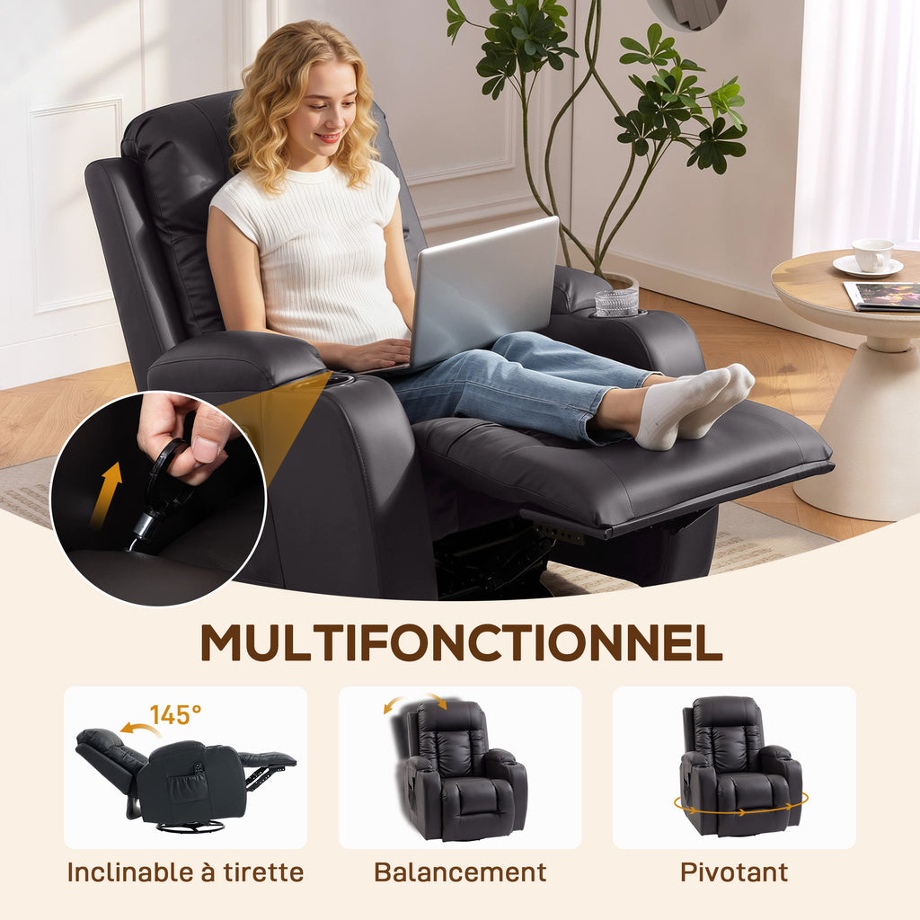 Fauteuil inclinable de massage et chauffage, fauteuil de relaxation, dossier réglable, pivotant 360°, 82x99x103cm, marron-4