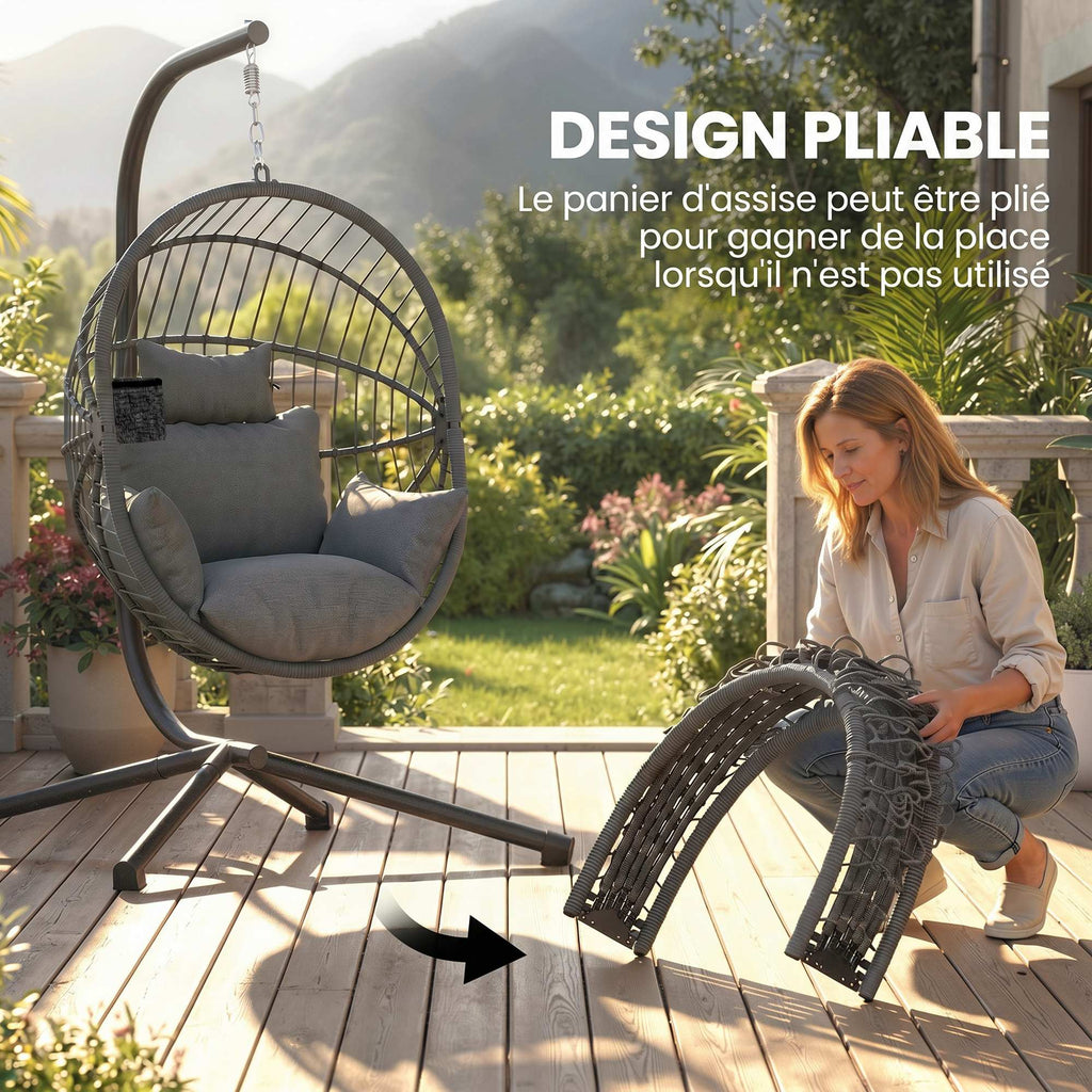 Fauteuil œuf suspendu, chaise hamac balançoire intérieur et extérieur, panier pliable, coussin rembourré, gris-4