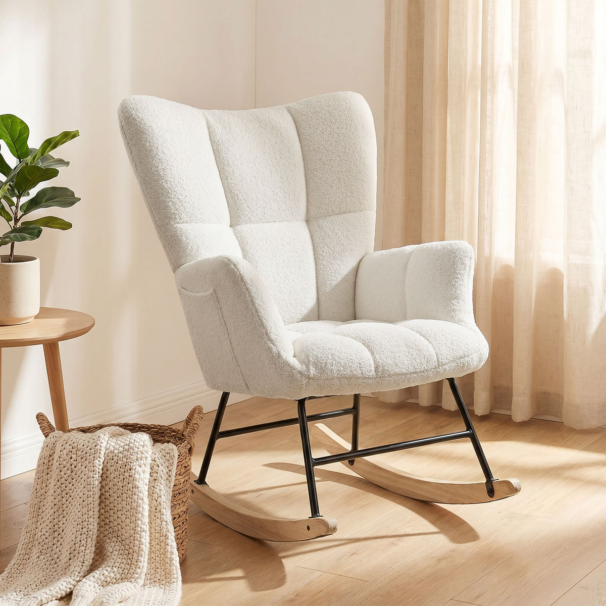 Fauteuil à Bascule, Rocking Chair en Peluche Teddy, Poches Latérales, Dossier à Oreilles Capitonné, Crème-1