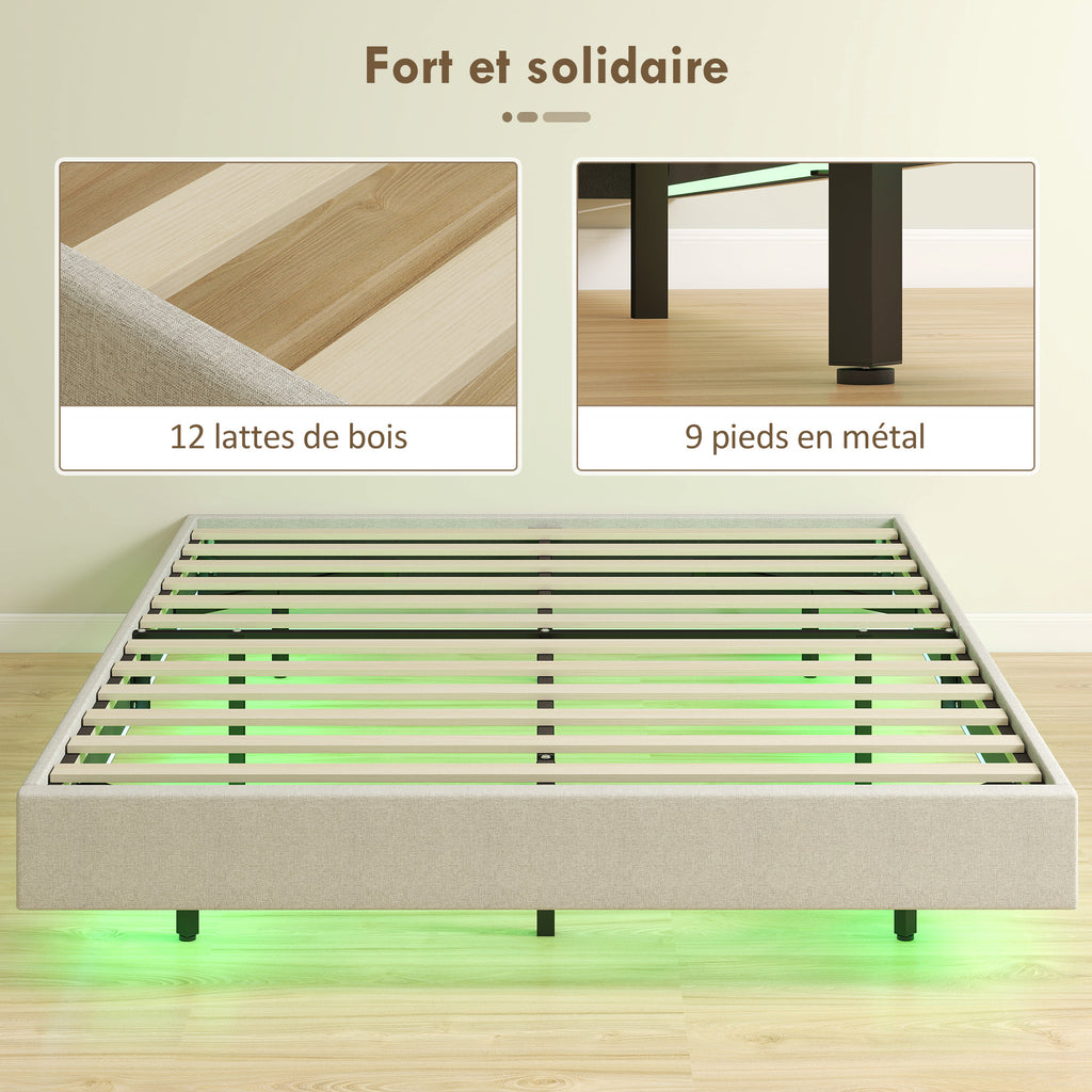 Cadre de lit flottant 140 x 190 cm avec éclairage LED, lit double rembourré en lin, sommier à lattes en bois, beige-6