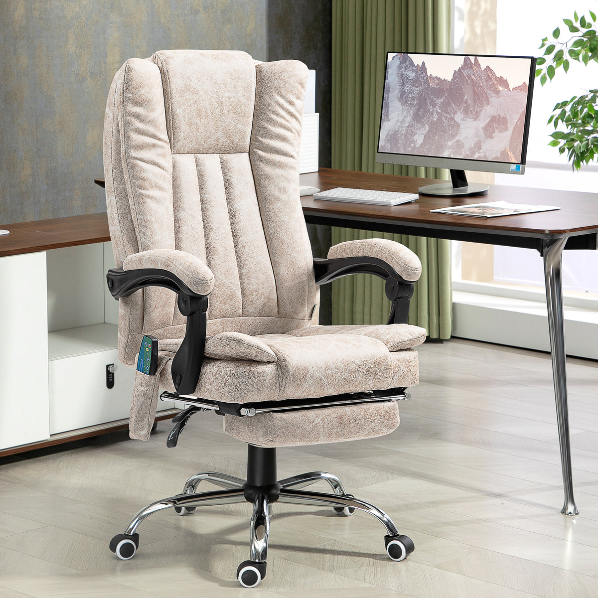 Fauteuil de bureau massant et chauffant avec hauteur réglable, dossier inclinable, repose-pied et télécommande, crème-1