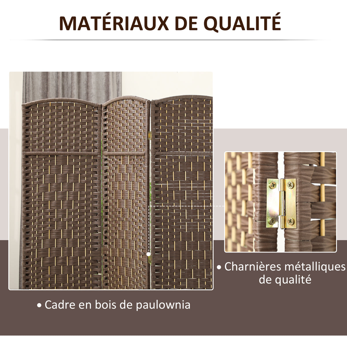 Paravent intérieur en bois 3 panneaux séparateur de pièce pliable pour salon chambre 135 x 180 cm marron-5