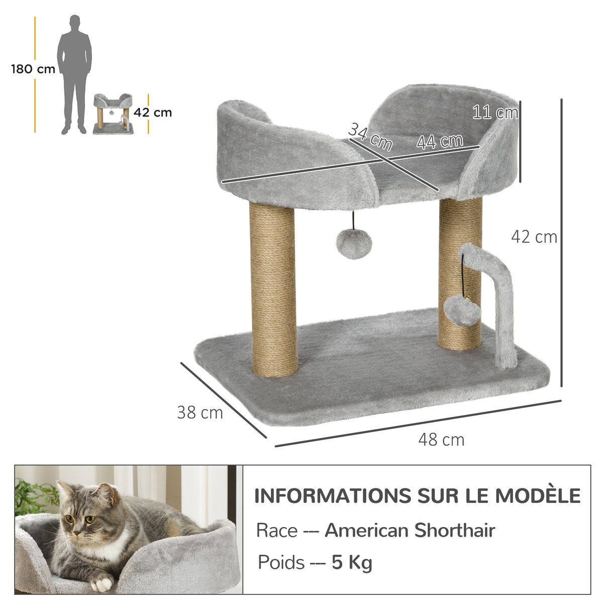Arbre à chat grattoir design avec jeu 2 pompons suspendus 2 poteaux jute plateforme peluche jute 48 x 38 x 42 cm gris-2