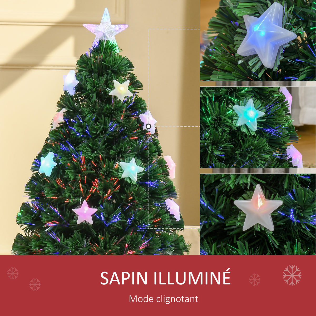 Sapin Noël Artificiel Lumineux 90H cm Fibre Optique LED Multicolore + Support Pied 90 Sommet Brillante Vert-4