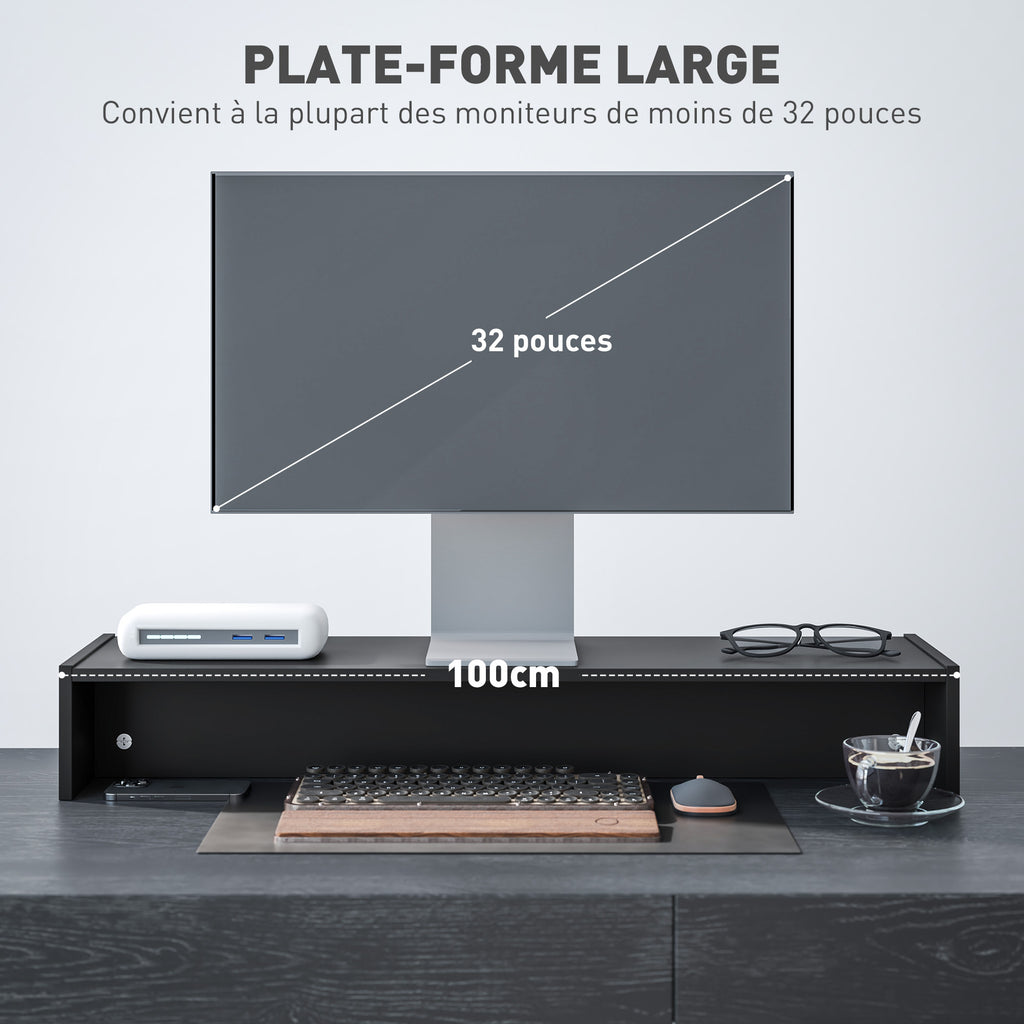 Rehausseur écran PC bureau support d'écran d'ordinateur de 100 cm support moniteur avec deux compartiments, noir-4