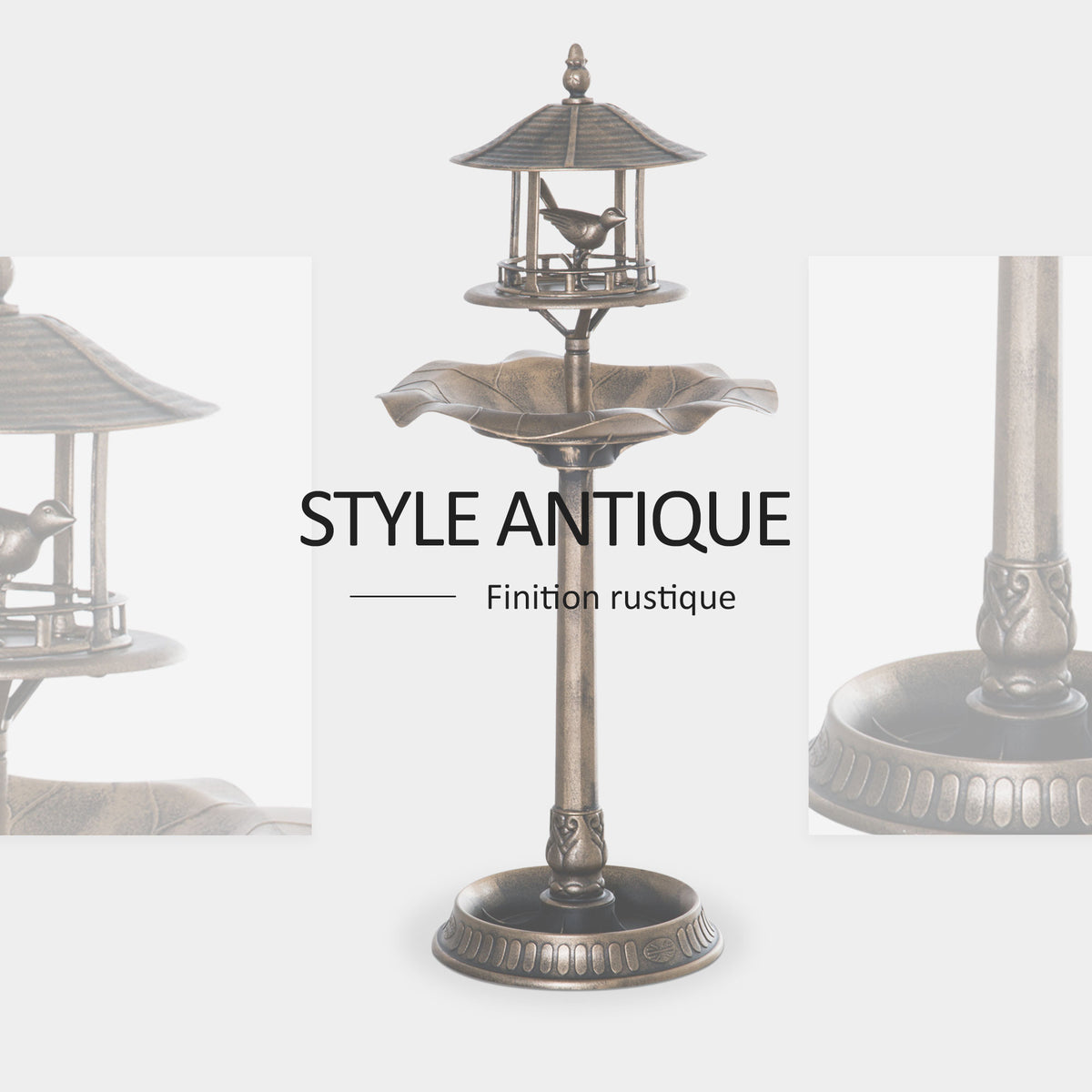 Bain d'oiseaux Abreuvoir pour Oiseaux jardinière 3 en 1 dim. Ø 50 x 113H cm polypropylène bronze antique-4