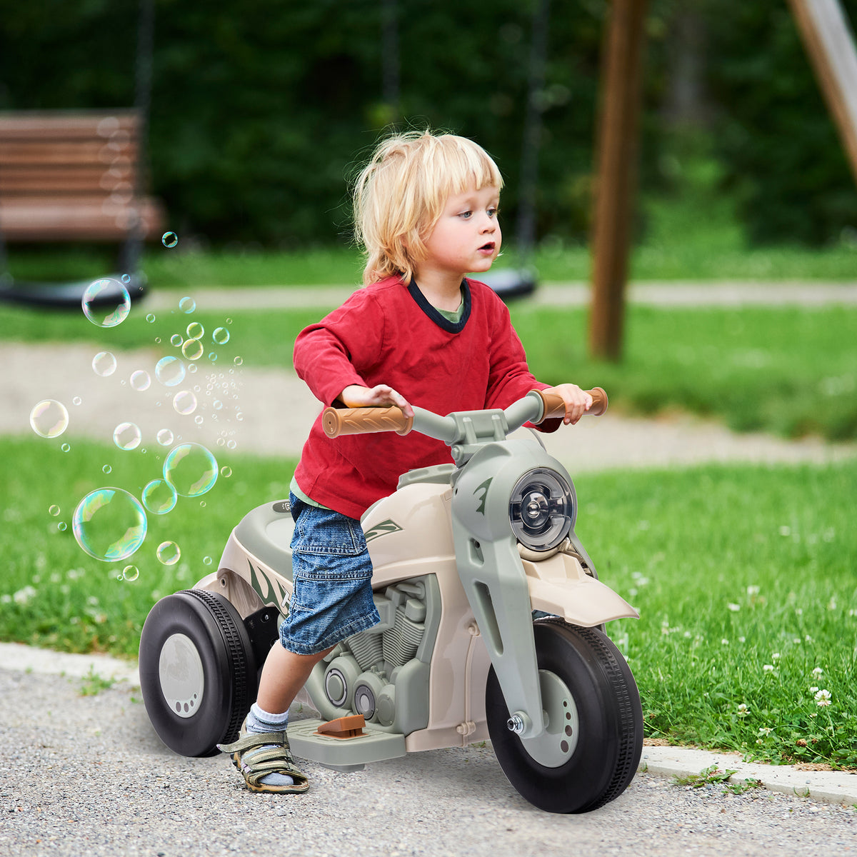 Moto électrique enfants 2-5 ans, 3 roues, 6 V, 3 km/h, avec fonction de bulles, effets lumineux et sonores, blanc crème-1
