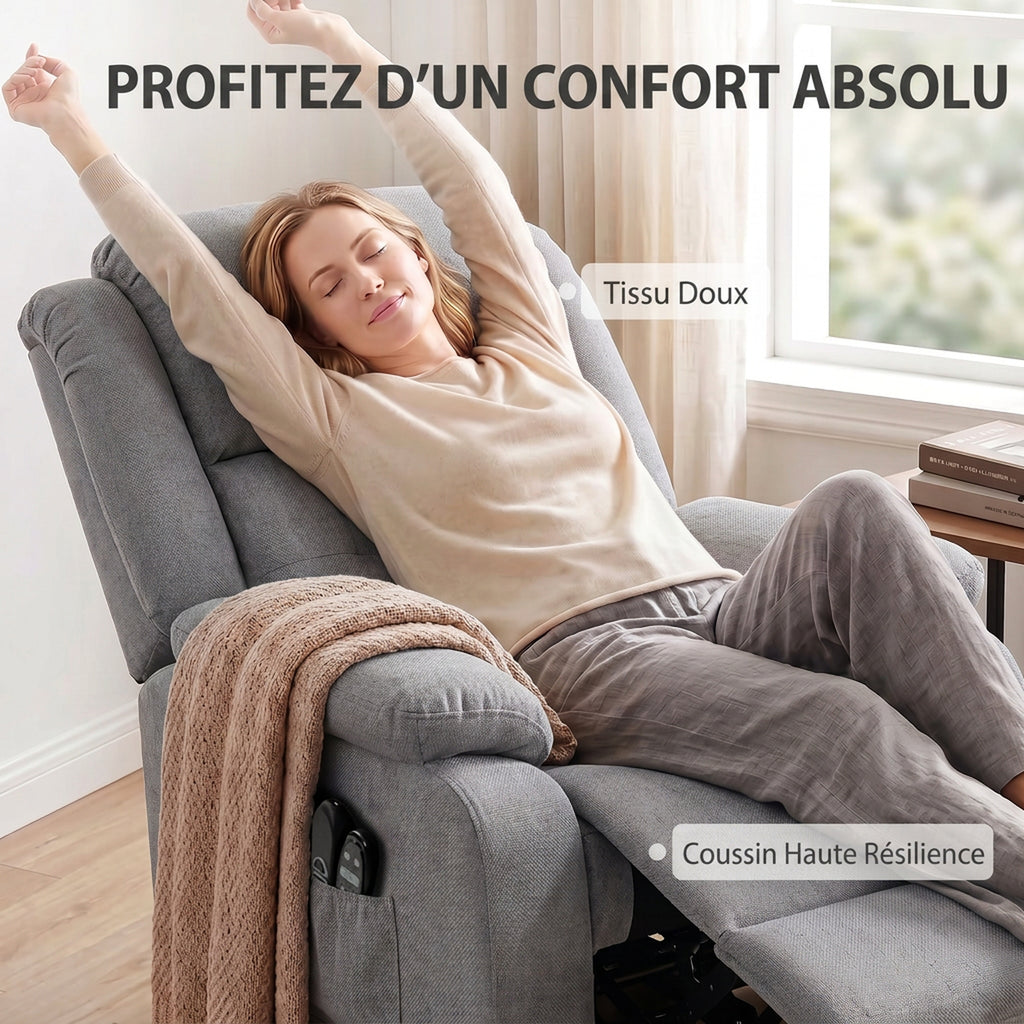 Fauteuil releveur électrique massage et chauffage avec repose-pied, dossier inclinable, télécommande et poche latérale-5